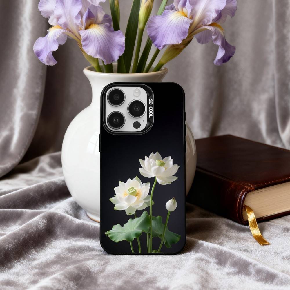 E-Emerald W-White Lotus Phone Case For iPhone17,16,15,14,13,12,11 Plus,Pro Max Black Candy Silver Phone Case