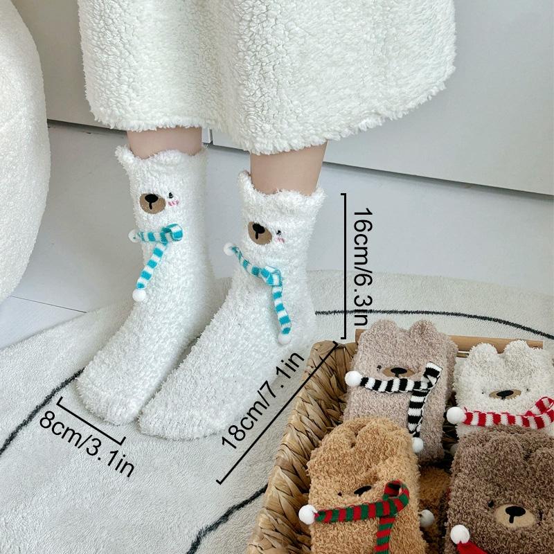 1Pair Sleep Socks Cute Little Bear Cartoon Coral Velvet Socks Soft Polyester Fiber