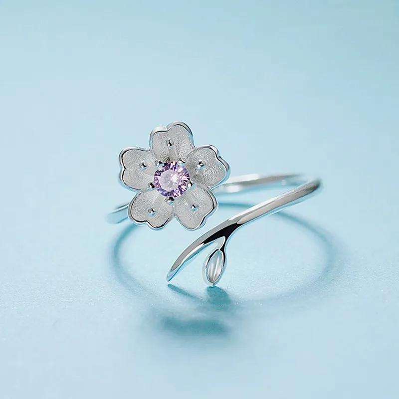 Silver Cherry Blossom Flower Cubic Zirconia Stone Jewelry Sets for Women Floral Necklace Bracelet Earring Ring Wedding Set