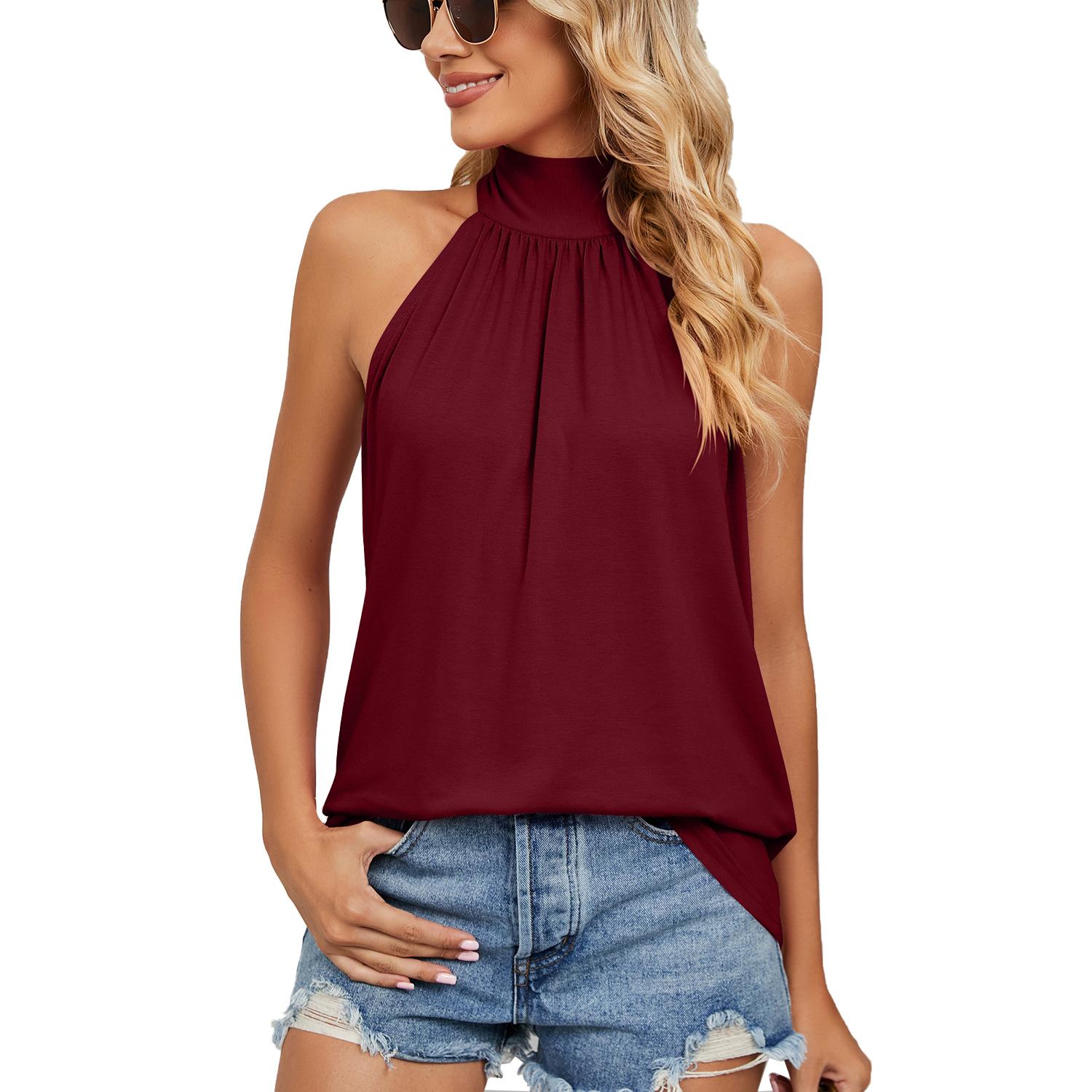 

Women s Elegant Blouses Shirts Sleeveless Summer Shirt for Women Fashion Casual Solid Color Y2K Tanks Tunic Pleated Lace Up Tops XS вина червоного кольору