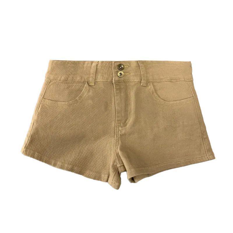 

Women s High-Waist Khaki Denim Shorts - 2025 Spring/Summer Collection, Slimming Double Button Elastic Hip-Hugging Style Small