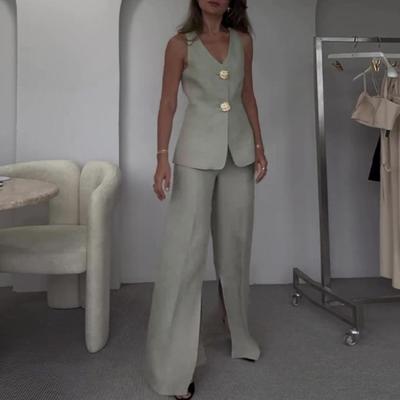 Pendleranzug für Damen, V-Ausschnitt, ärmelloses Oberteil, weite Hose mit Spliss, Urban-Casual-Style-Set, Pendler-Outfit für die Arbeit