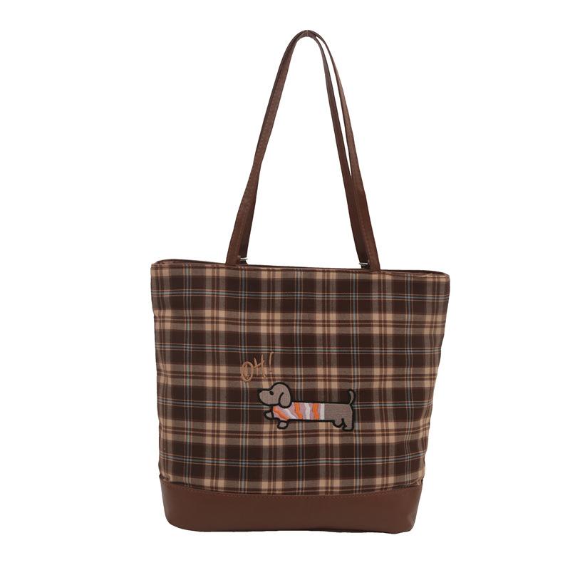 New Checked Tote Bag Cartoon Puppy Backpack Korean Version Large-capacity Underarm Bag Simple Commuting Bag for Girls