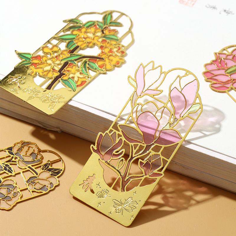 Customized Four Seasons Flower Metal Bookmark Hollow Transparent Paint