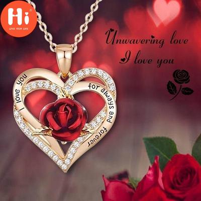 Hi Fashion Exquisite Love Rose Flower Necklace Gold Ladies Heart Pendant Necklace Elegant Valentine's Day Party Jewelry Wedding Anniversary Gift