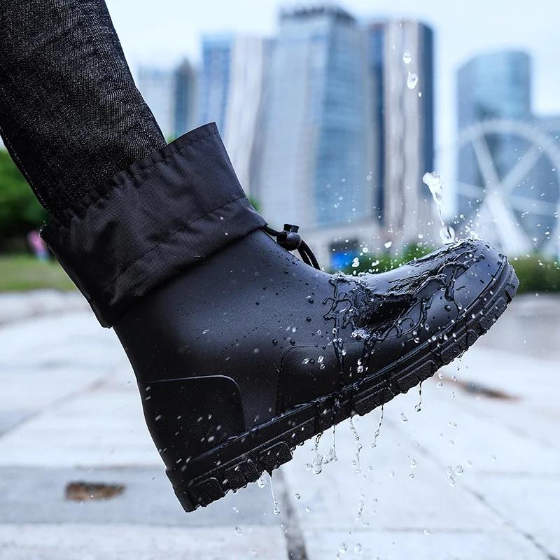 Men's Rain Boots Closed Rainproof Waterproof Medium Short Anti Slip Drawstring Rubber Boots Male Durable Garden Work Shoes