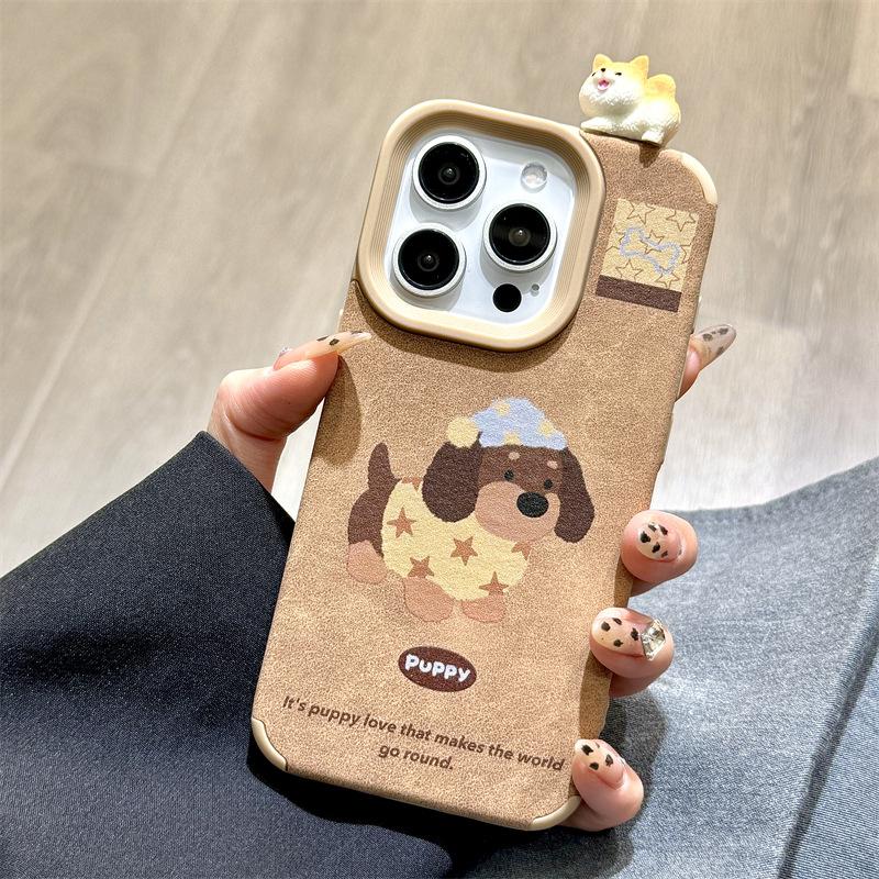 Autumn and Winter Leather Cute Dog Three dimensional Doll Iphone16promax Apple 14 Mobile Phone Case 15 13 Cartoon