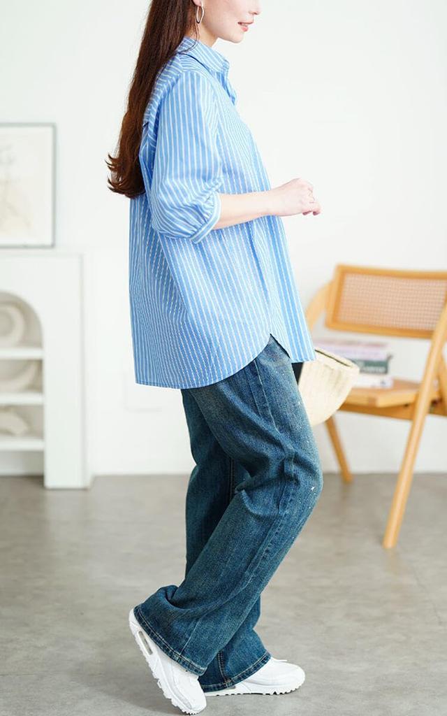 Gold Japan Plus Size Striped Skipper Top with Sax Women's Blouse, 5/8 Sleeve, Cool-to-the-Touch Mesh, Tuck, cpdai-640807, 5L,