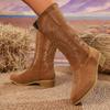Fashion 2025 Vintage Embroidery Western Boots Women Plus Size 36-43 Thick Heels Mid Calf Boots Woman Autumn Winter Slip On Cowgirl Botas