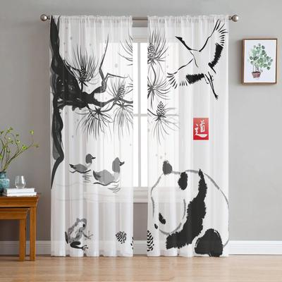 Fenstervorhänge mit Tier-Panda-Zweig, Tintenmalerei, für Wohnzimmer, Küche, Türvorhang, transparente Vorhänge für Schlafzimmer