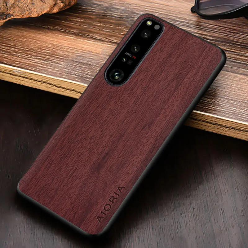 For Sony Xperia 5 10 1 VII VI V IV III ACE II Pro-I Case Wood Texture PU Leather Soft Shockproof Cover Anti-fingerprint Shell