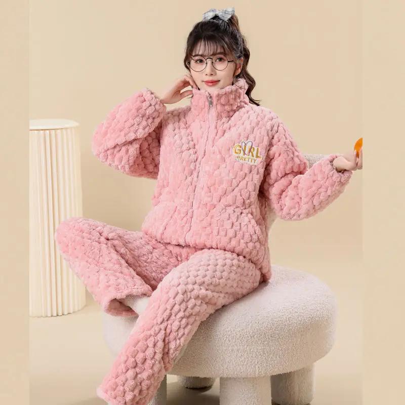 Ms. Autumn and Winter Coral Fleece Intensification Brushed Warm Flannel Loungewear Large Size Set Pajama Set Sleepwear Women