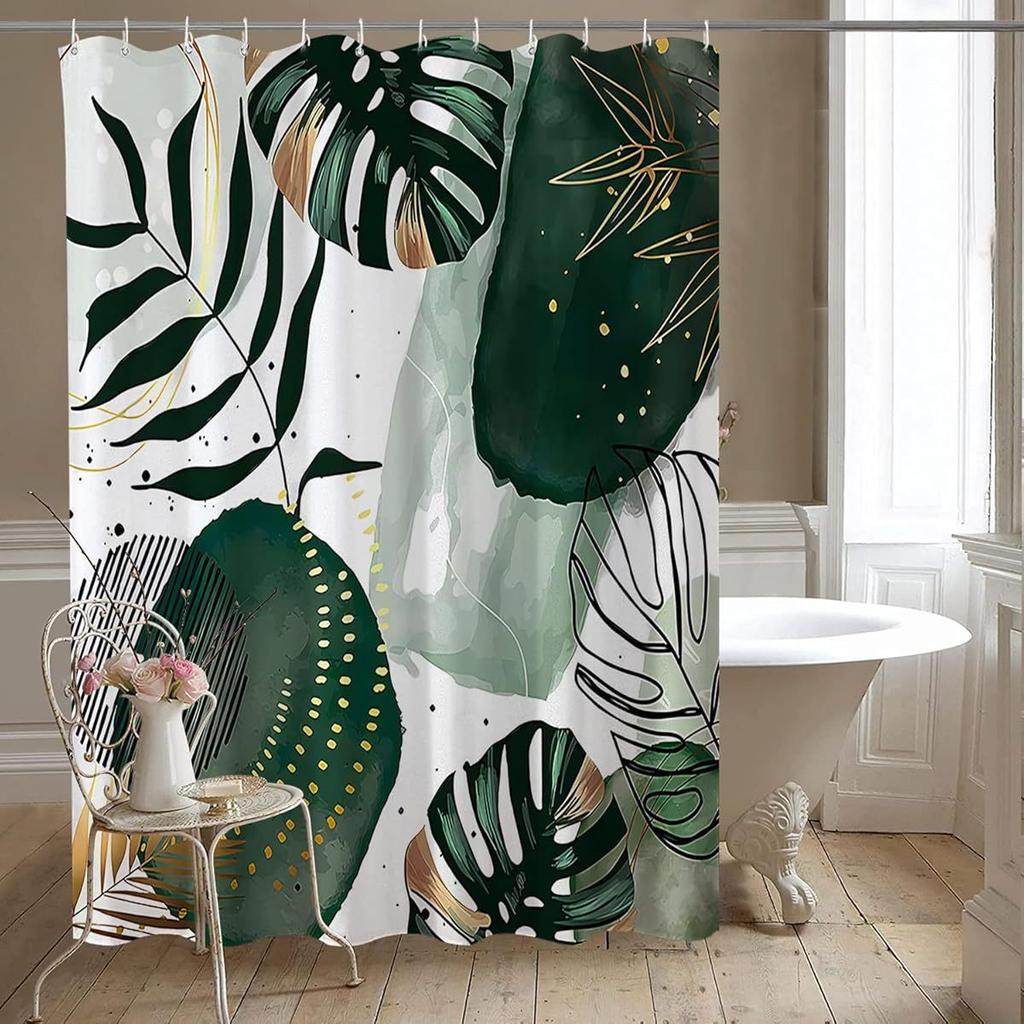 Boho Shower Curtain with 12 Hooks, 72''x72'' Polyester Fabric, Quick Dry, Weighted Hem, Abstract Green Plant Shower Curtains for