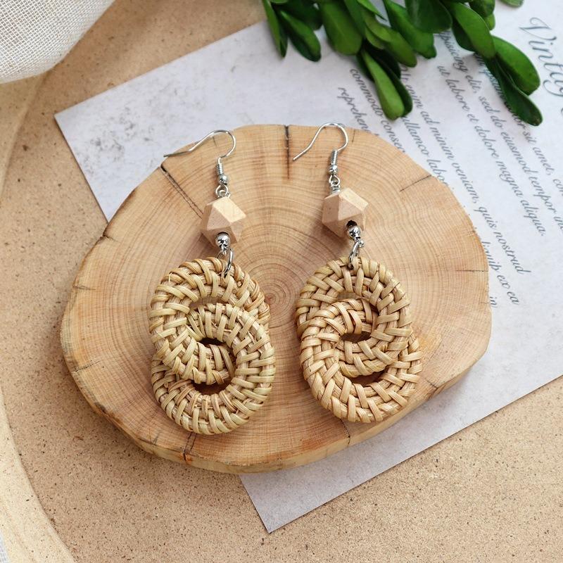 New summer bohemian retro vacation grass vine woven earrings femininity long island beach wooden earrings