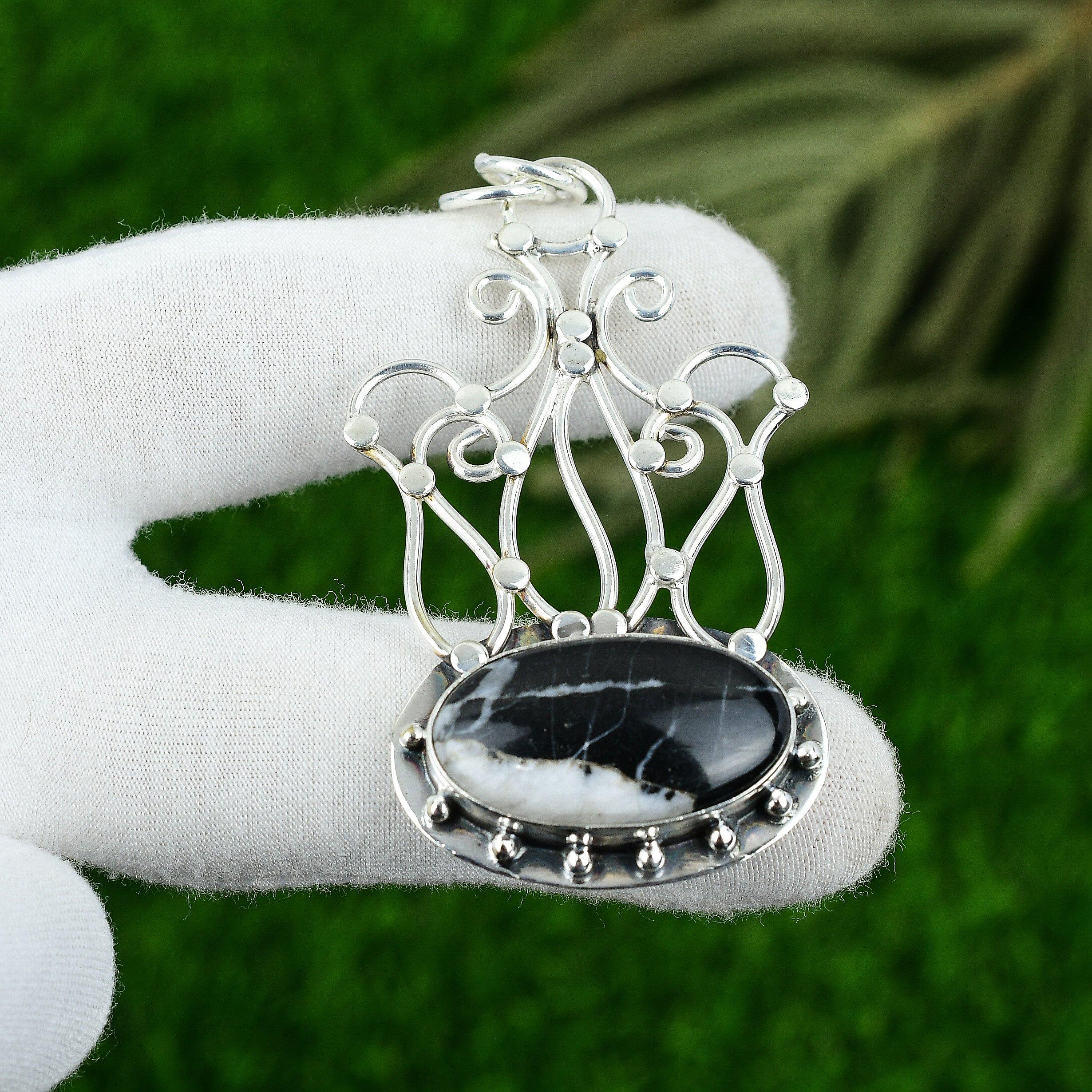 

Sterling Silver Oval Zebra Jasper Stone Engagement Wedding Boho Pendant Jewelry