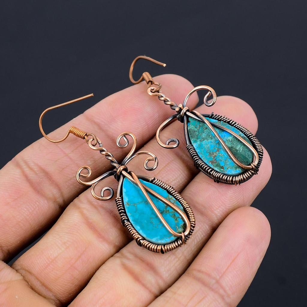 Tibetan Turquoise Earrings Gemstone Jewelry, 999 Copper Wire Wrapped Handmade Earrings, Latest Design Jewelry