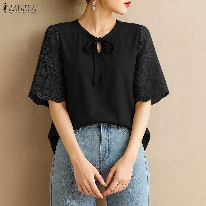 ZANZEA Women Casual Round Neck Lace Splice Short Sleeve Blouse