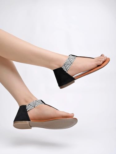 

Shoetopia Women S Ethnic Style T-Strap Sandals Black Chevron Ankle Strap Flats For Casual & Festive Comfortable & Stylis 7 UK чёрный