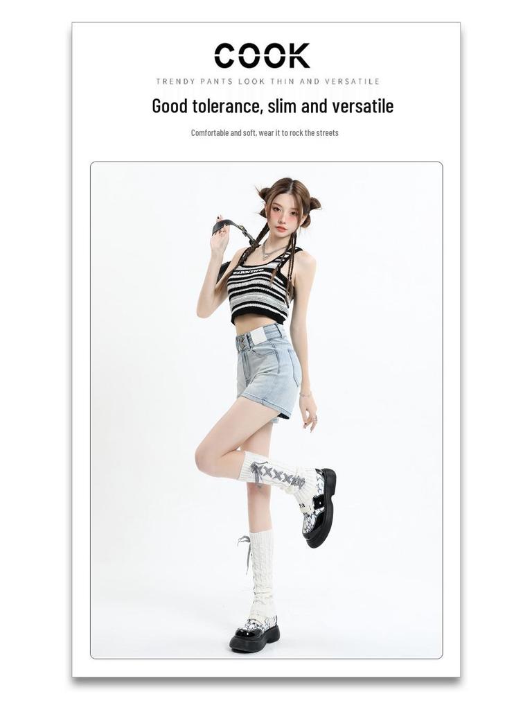 Shorts vaqueros retro de talle alto de verano 2025 con línea A para mujer