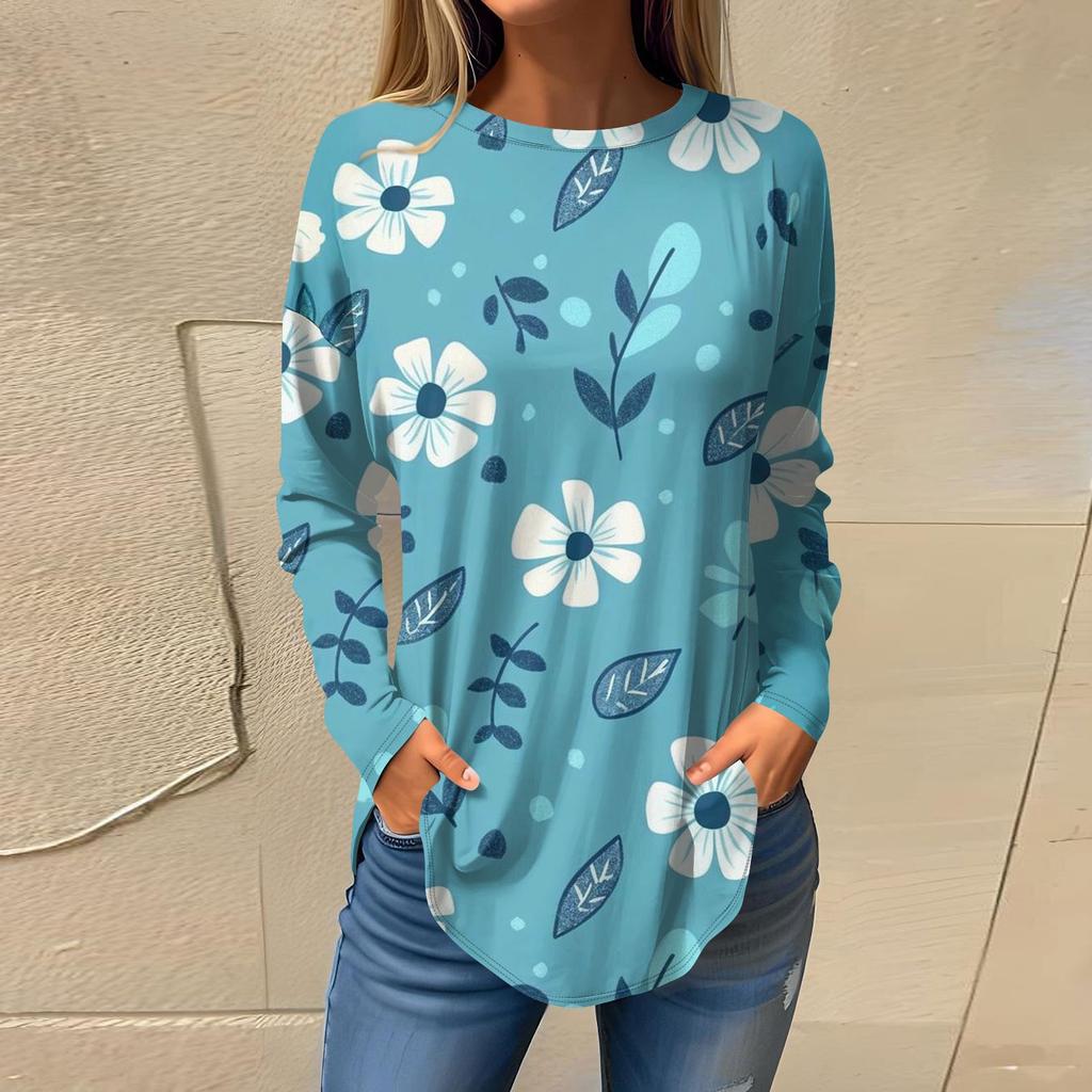 Women's Fashion Casual Round Neck Floral Long Sleeve T-shirt Pullover Long Sleeve Top