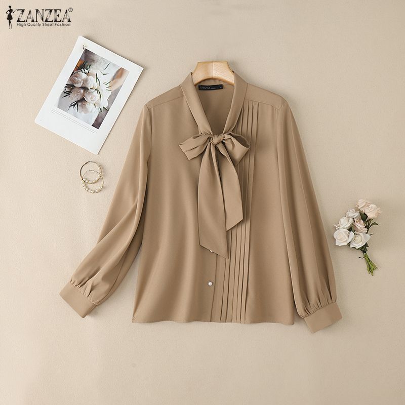 ZANZEA Women Casual Bows Round Neck Loose Long Sleeve Elegant Blouse
