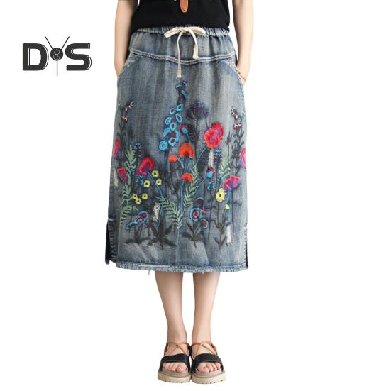

Женская юбка миди с эластичным шнурком на талии, вышитым цветочным узором, джинсовая юбка с карманами, боковые разрезы по низу юбки L темно-синий