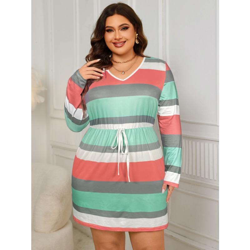 Rochie Casual Nouă cu Talie, cu Dungi și Cusături, pentru Femei Plinute