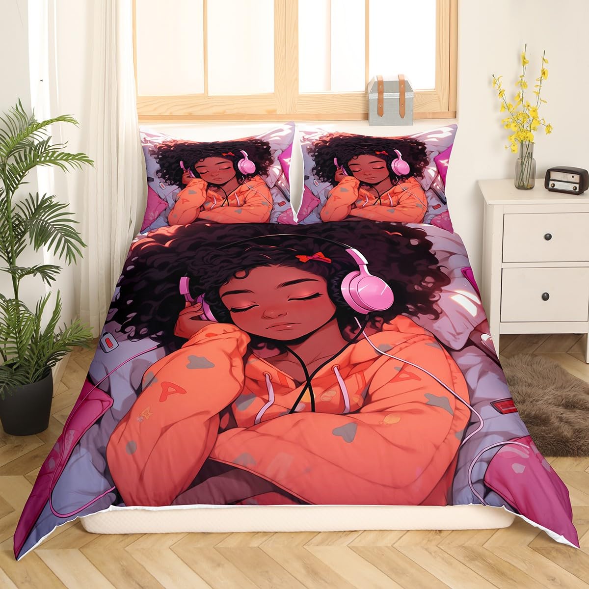 

Fantasy Black Girl Duvet Cover Sets for Kids Girls Women Teens Lightweight Quilt Covers African American Black Girl Bedding Sets US Twin(172x218cm)