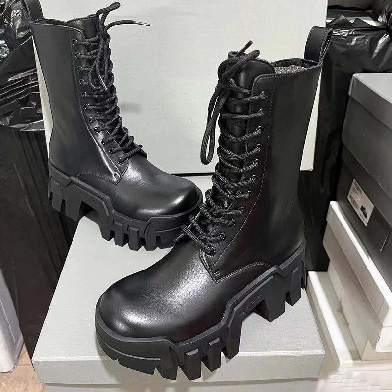 

Round head thick-soled leather lace-up Martin boots heightened gear tank boots cool black punk thick-soled locomotive boots 2025 35