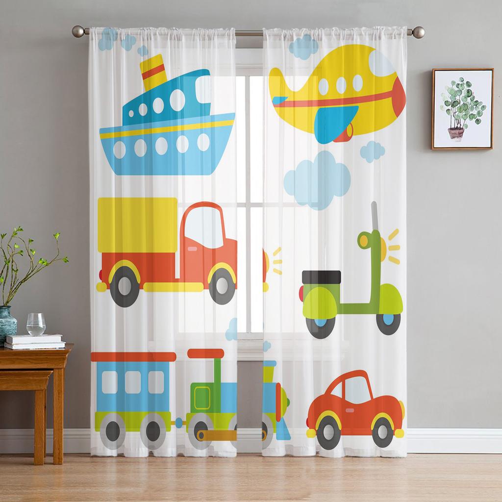 Cartoon Fire Truck Ambulance Police Car Tulle Curtains Living Room Decoration Chiffon Voile Kitchen Bedroom Curtain With Light Filtering Polyester
