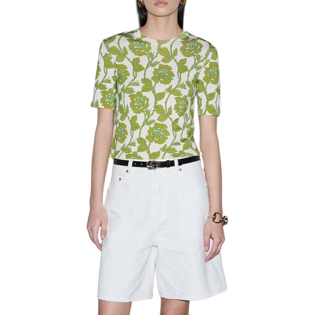(WMNS) Gucci Floral Print Fine Wool Silk T-shirt 'Green Beige' Women's 782660-XKD0W-9235