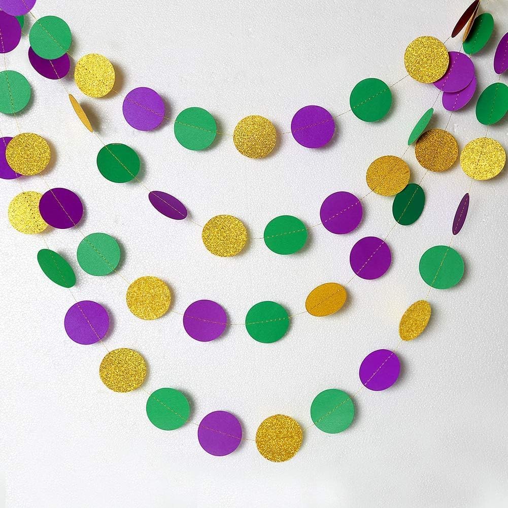 Decor365 Gold Purple Green Mardi Gras Decorations Glitter Dot Mardi Gras Garland Decor Circle Streamers Fat Tuesday Banner Carnival Themed Backdrop