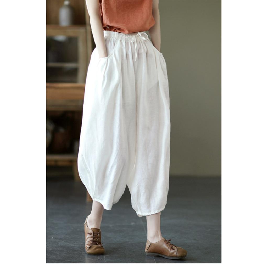 Summer Literary and Artistic Loose Solid Color Cotton and Linen Lace-up Elastic Waist Bloomers Nine-point Pants Carrot Pants Women's Pants