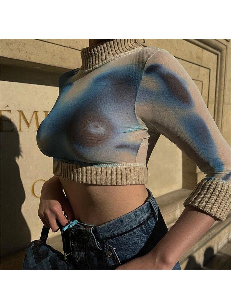 

Винтажная уличная одежда 90-х годов, водолазка с принтом Tie Dye, сетчатые футболки Y2K, модные лоскутные укороченные топы с длинными рукавами, женские модные футболки L синий