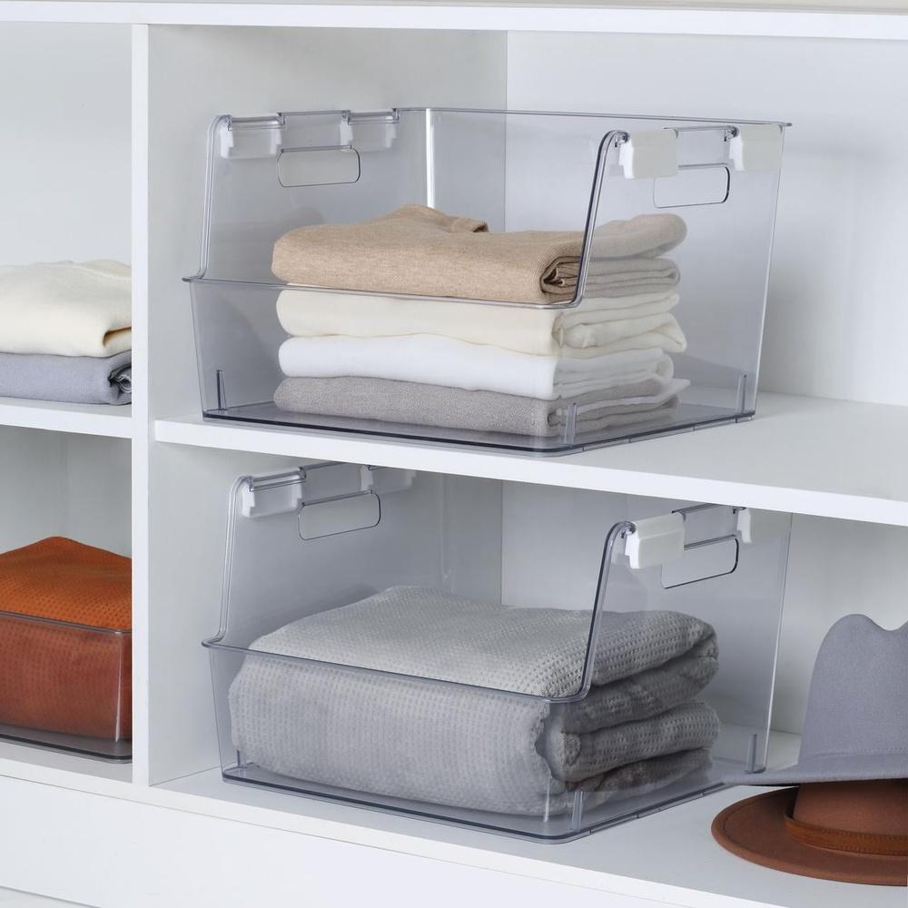 Clear Stackable Organizer Bin with Latches Durable Plastic Storage Container Closet Accessories Sweaters Toys and More