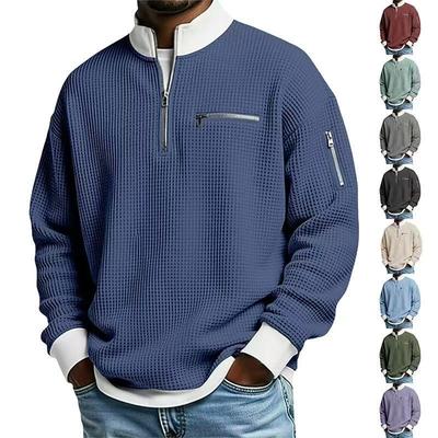 Men Sweatshirt Waffle Fabric Texture Opening Classic Lapel Long Sleeve Zipper Half Pullover Tops Solid Color