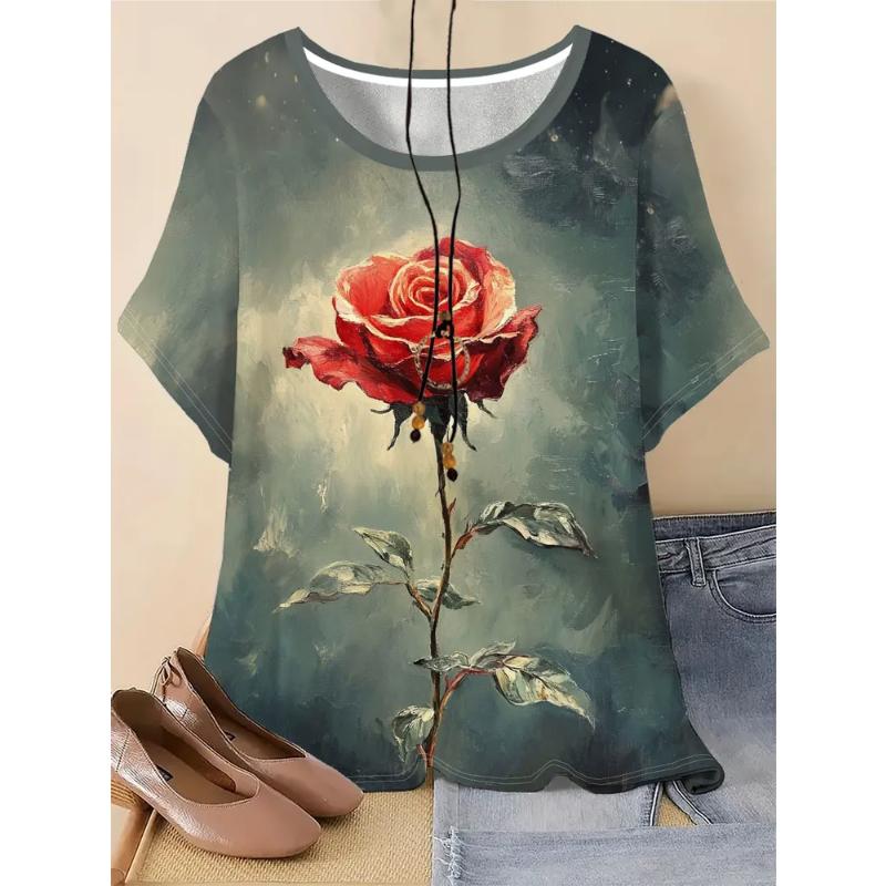 Moda Donna Girocollo Manica Corta Stampa Colore 3D Casual T-shirt Casual a Manica Corta Girocollo
