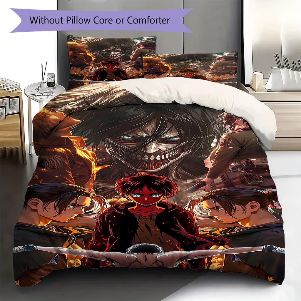 Attack on Titan Pattern Bedding,Quilt Set Quilt Cover Pillowcase Home Birthday Gift (1 * duvet cover + 2 * pillowcase, without core)