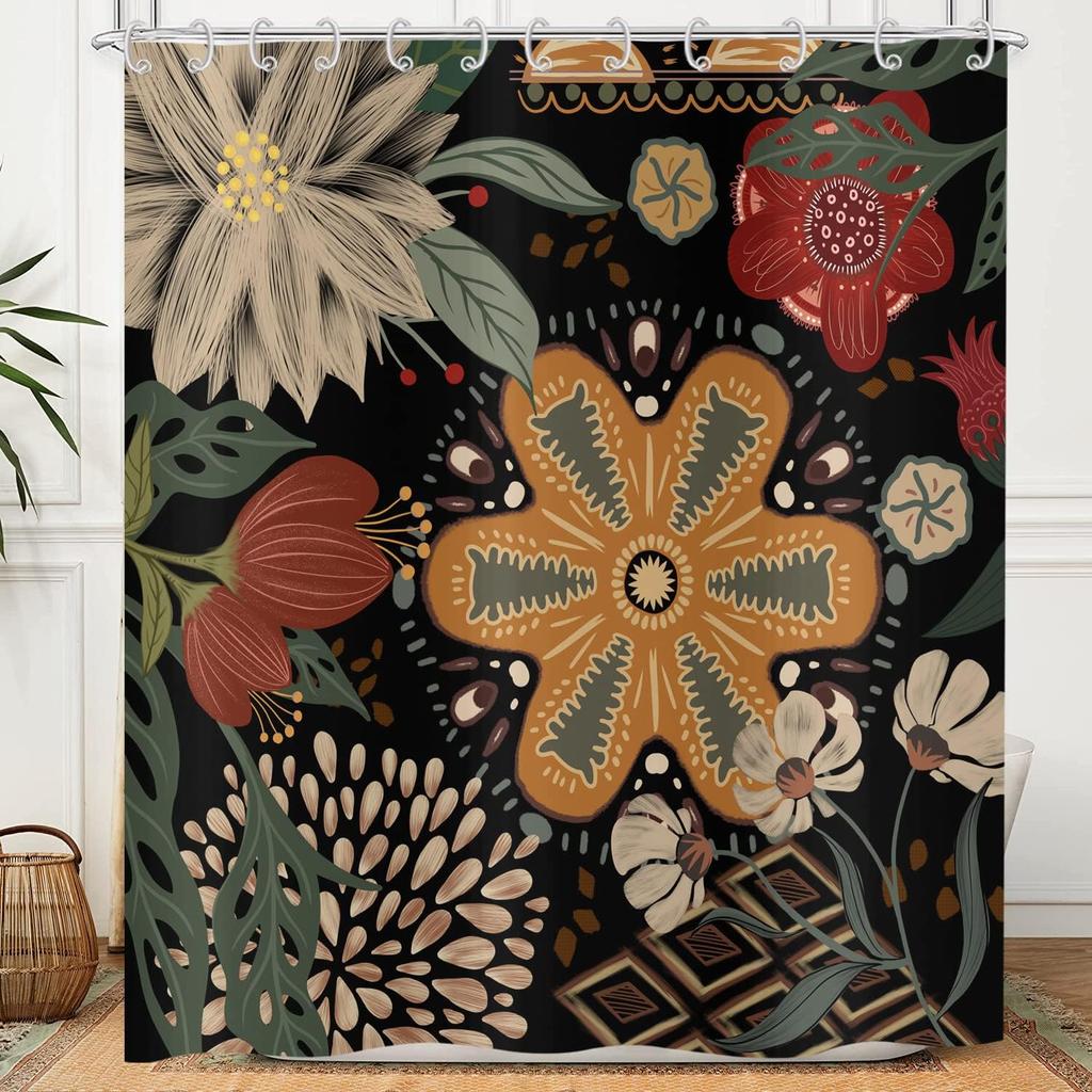 Bohemian Floral Shower Curtain 180X 200Cm Black Vintage Abstract Floral Shower Curtain Mid Century Modern Waterproof