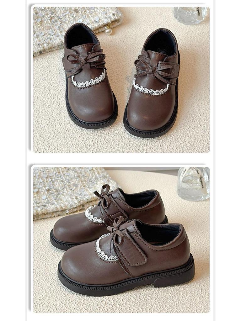 Sapatos de Princesa com Laço de Couro para Meninas com Sola Macia e Acabamento em Renda para Primavera e Outono