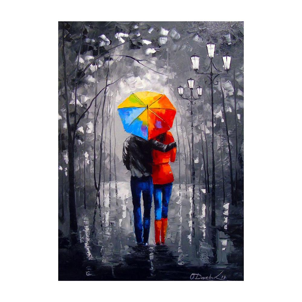 Nordycki Jesienny Deszczowy Pejzaż Plakat Płótno Obraz Olejny Zakochani Spacerujący Obraz Ścienny do Nowoczesnego Salonu Dekoracja Domu