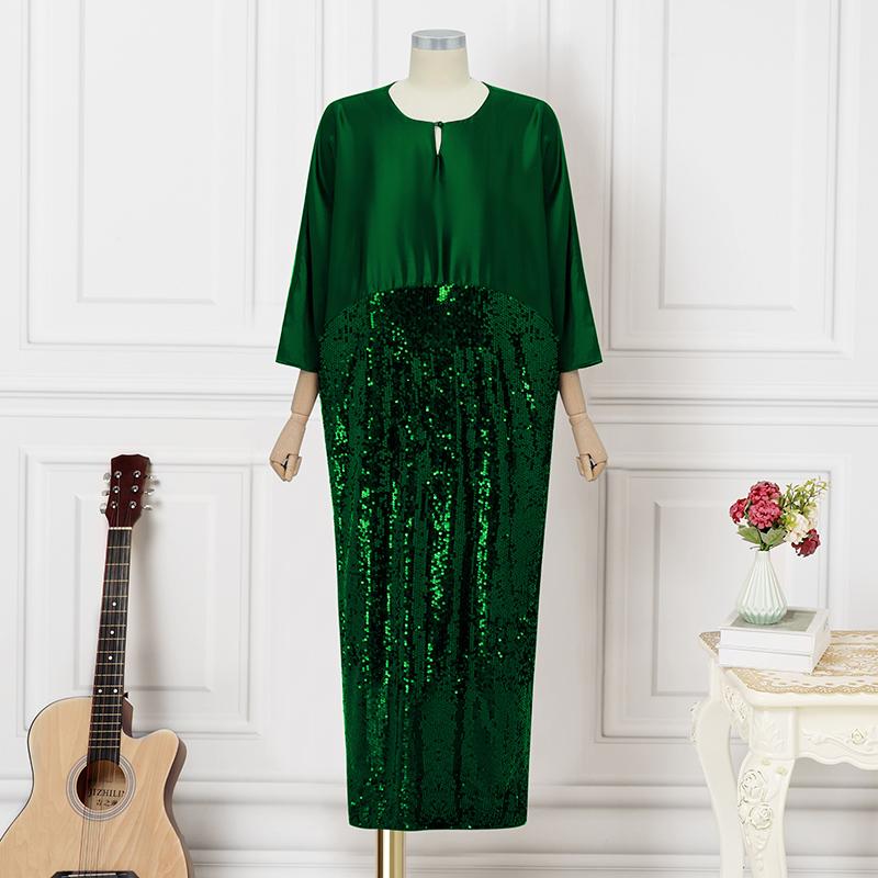 Oversized Women 3/4 Sleeve Glitter Sequin Patchwork Casual Baggy Maxi Kaftan Dress