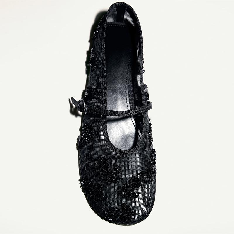 Fashion Comfort Mesh String Bead Brand Ballet Flats Women Luxury Sequins Buckle Mary Jane Shoes Fashion Round Toe Shallow Designer Shoes