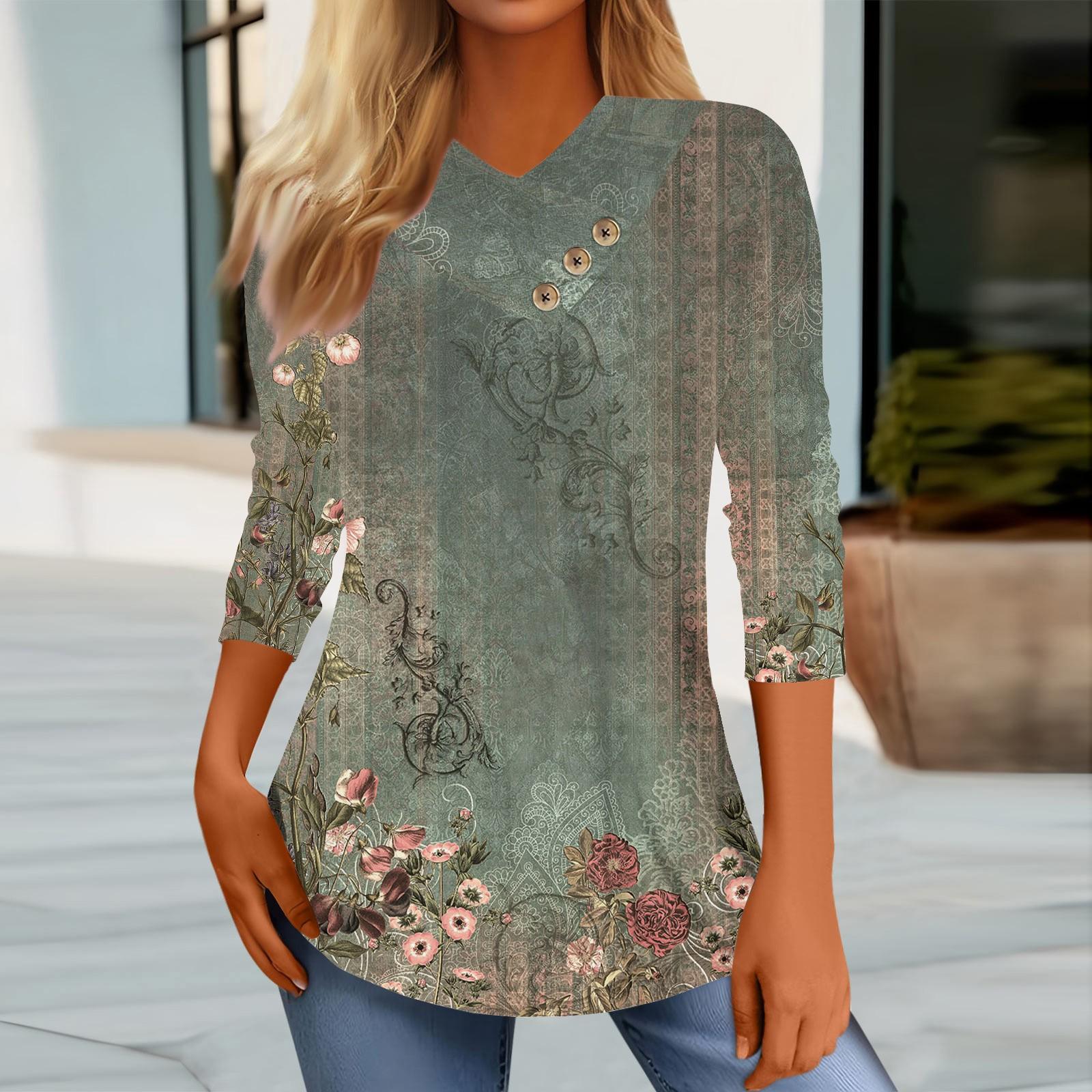 

Женские топы, повседневные рубашки с пуговицами и рукавами 3/4, модные лоскутные блузки с принтом, футболки XXL армия зеленый