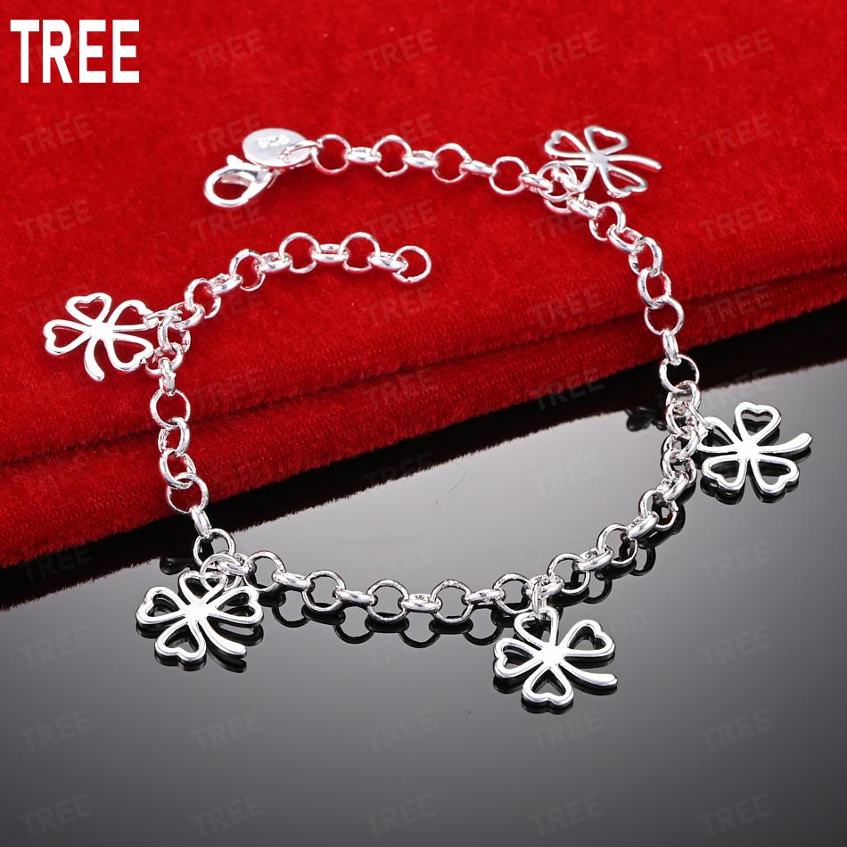 925 Sterling Silver Four-Leaf Clover Side Chain Beautiful Bracelet Gift Jewelry 20CM