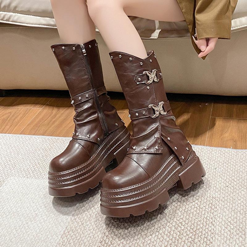 10cm Ultra-high Women's Platform Boots High Quality Leather Short Boots Women's Retro Design Rivet Knight Boots Botas Para Mujer