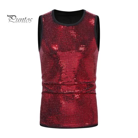 

Летний мужской жилет, блестящий металлический жилет без рукавов с круглым вырезом, приталенный, эластичный, средней длины, пуловер на бретелях для выступлений в клубе, шоу на сцене S