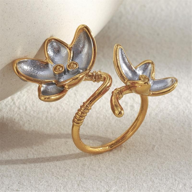 Double Color Floral Adjustable Finger Ring 18K Gold Plated Stainless Steel Fashion Accessory Artistic Open Band Ring