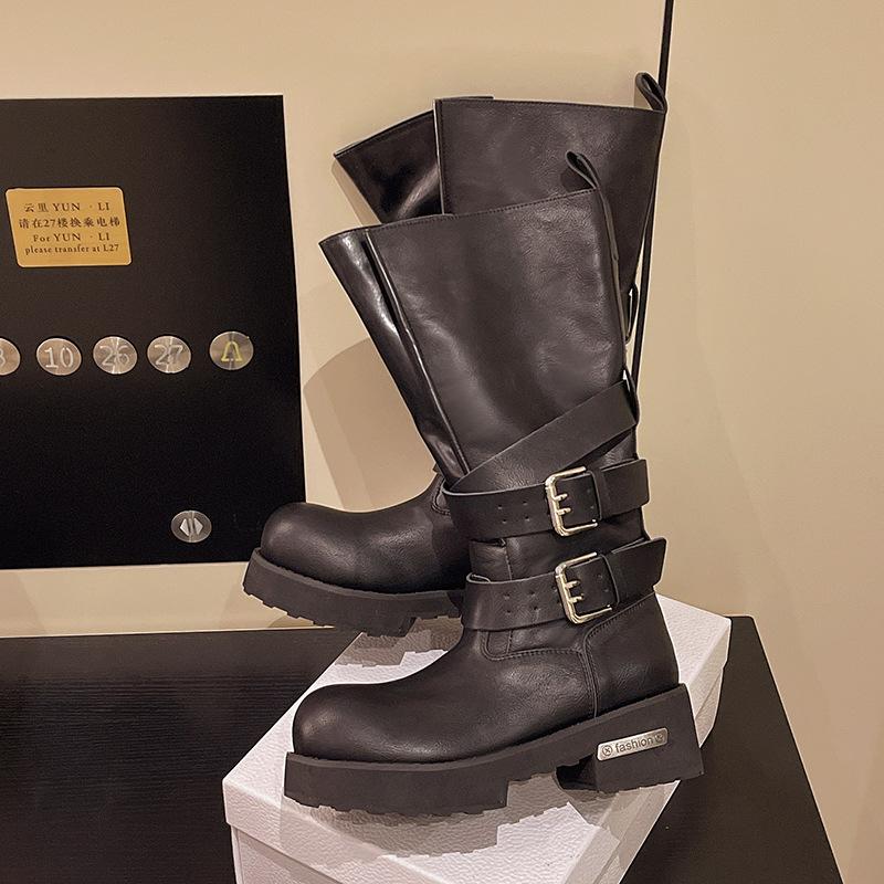 

Прилив и крутые универсальные рыцарские ботинки женские на толстом каблуке на среднем каблуке 2025 осень и зима новые с круглым носком с пряжкой на ремне на среднем каблуке модные ботинки 42 чёрный