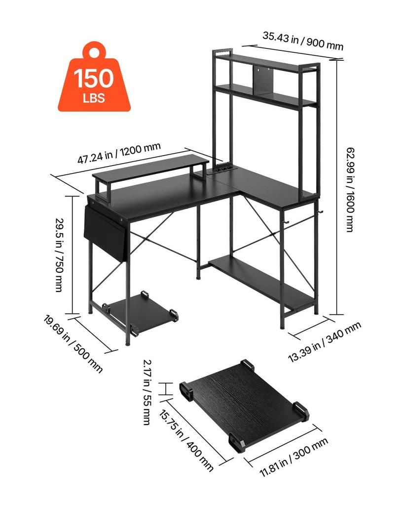 L-Shaped Gaming Desk with LED Lights, 1.2m Reversible Corner Computer Desk with Monitor Stand, Power Outlets, Movable CPU Stand & Shelf, Modern
